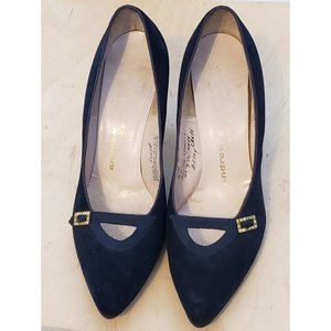 Vintage Pinup Velvet Heels Pumps Anderw Geller Rhinestone Faux Buckle Navy Blue